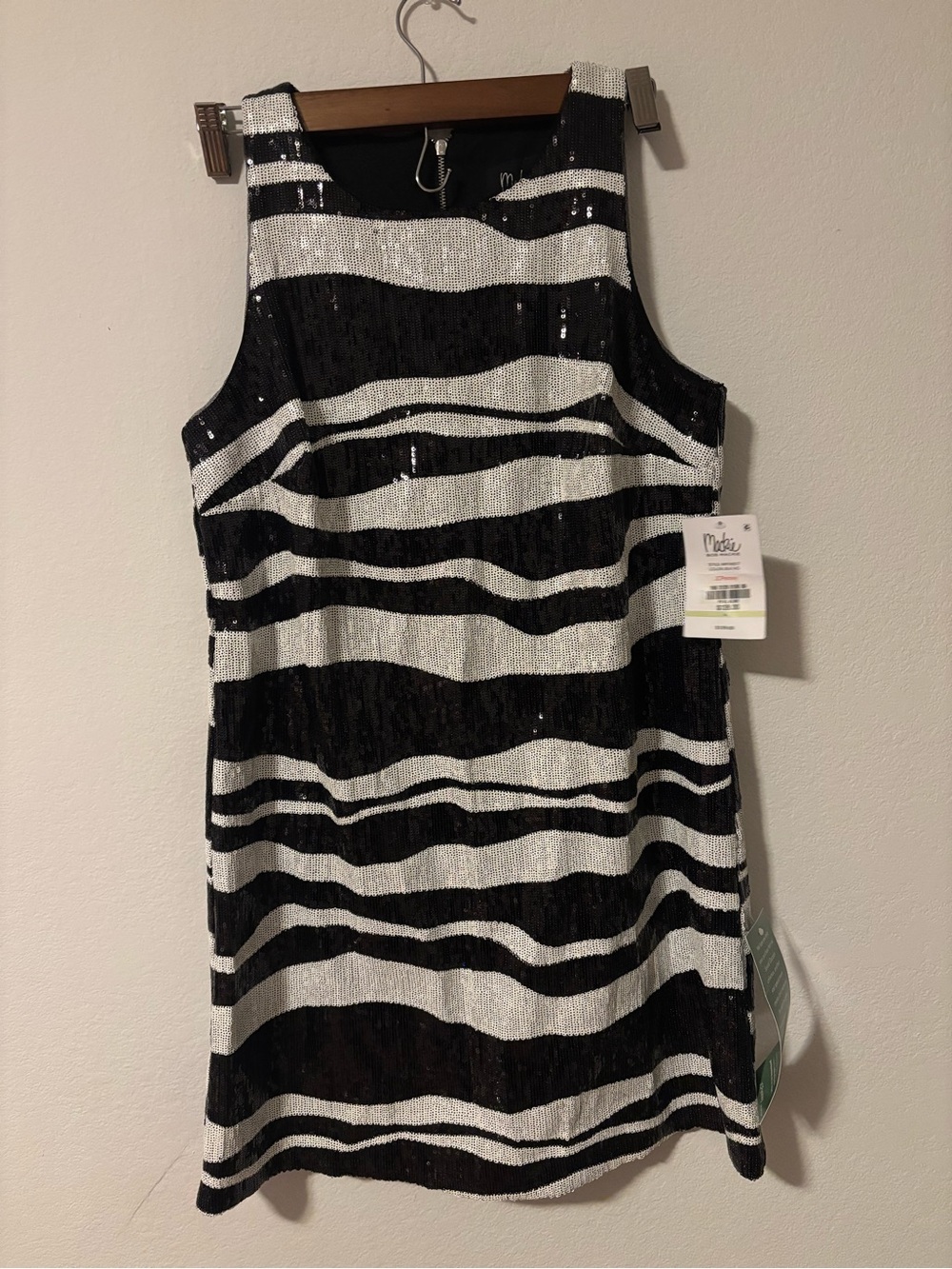 Bob Mackie Black and White Sequin Zebra-Stripe Shift Mini Dress